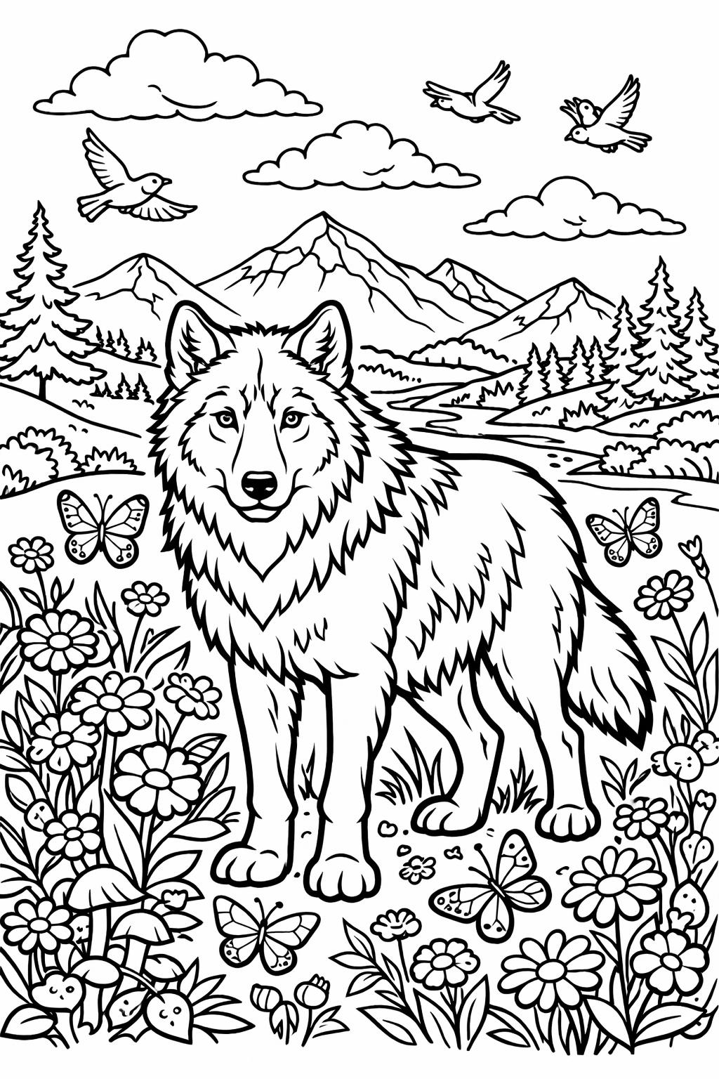 majestic wolf coloring page | elegant wolf artwork | wildlife illustration