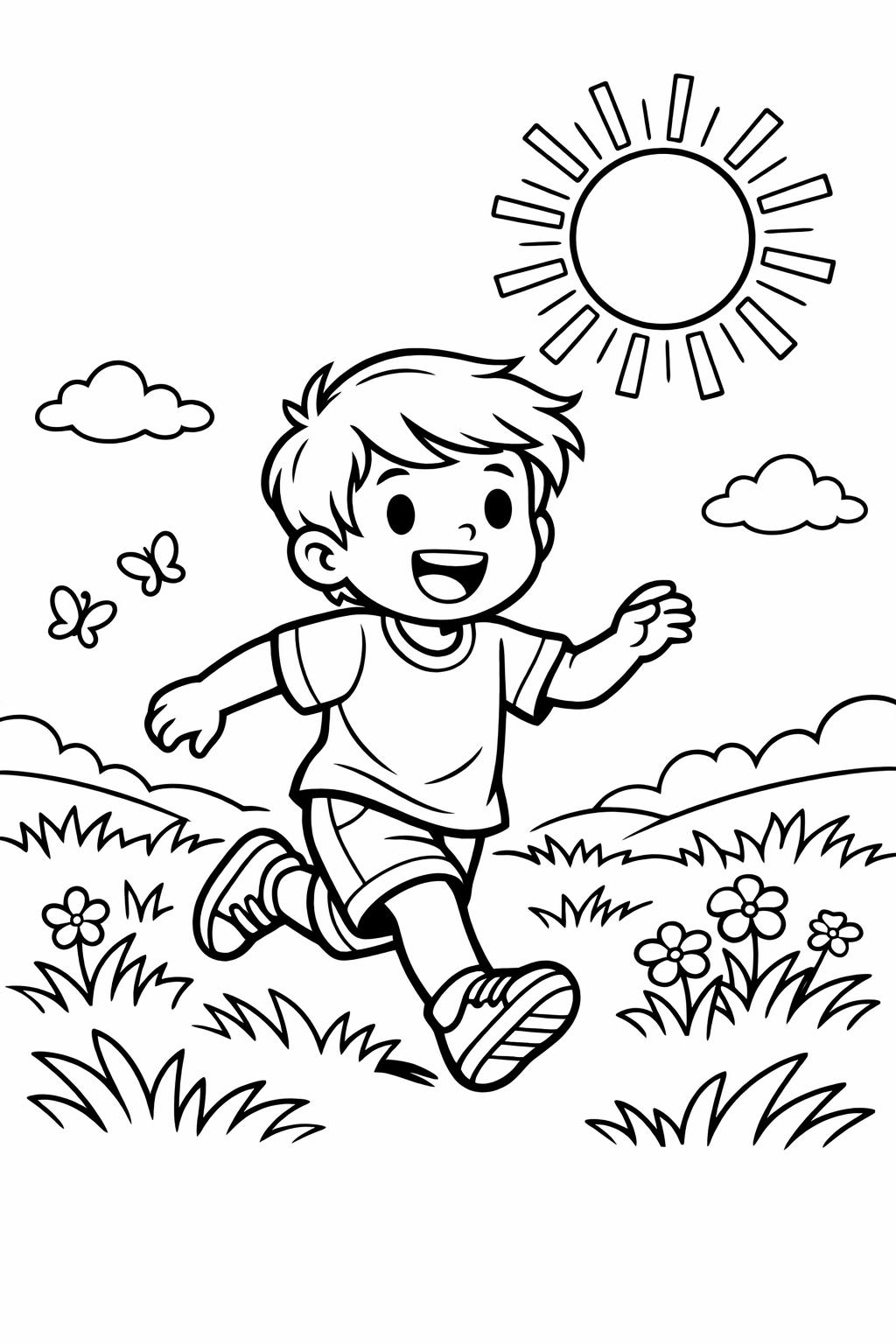 Sunny day coloring page with kids playing outside | Outdoor fun coloring page | Printable summer activity page