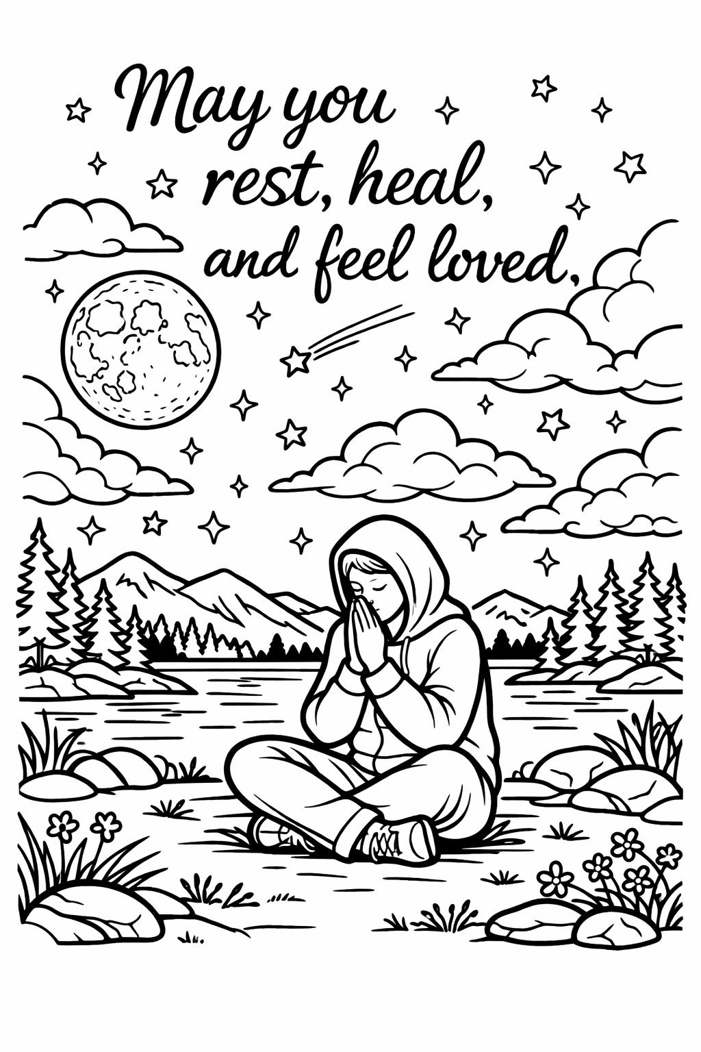 inspirational prayer coloring page | uplifting spiritual message | calming faith artwork