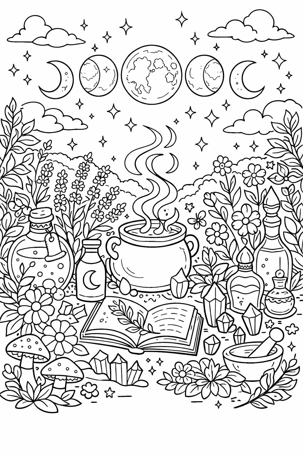 fantasy coloring page for teens | magical themed artwork | imaginative printable page