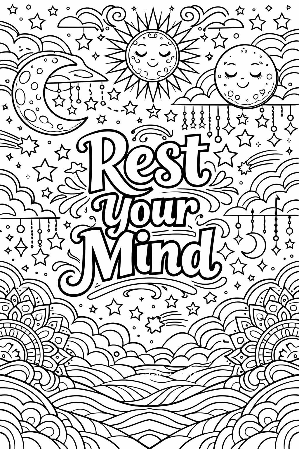 celestial relaxation coloring page | peaceful moon and stars | calming cosmic design