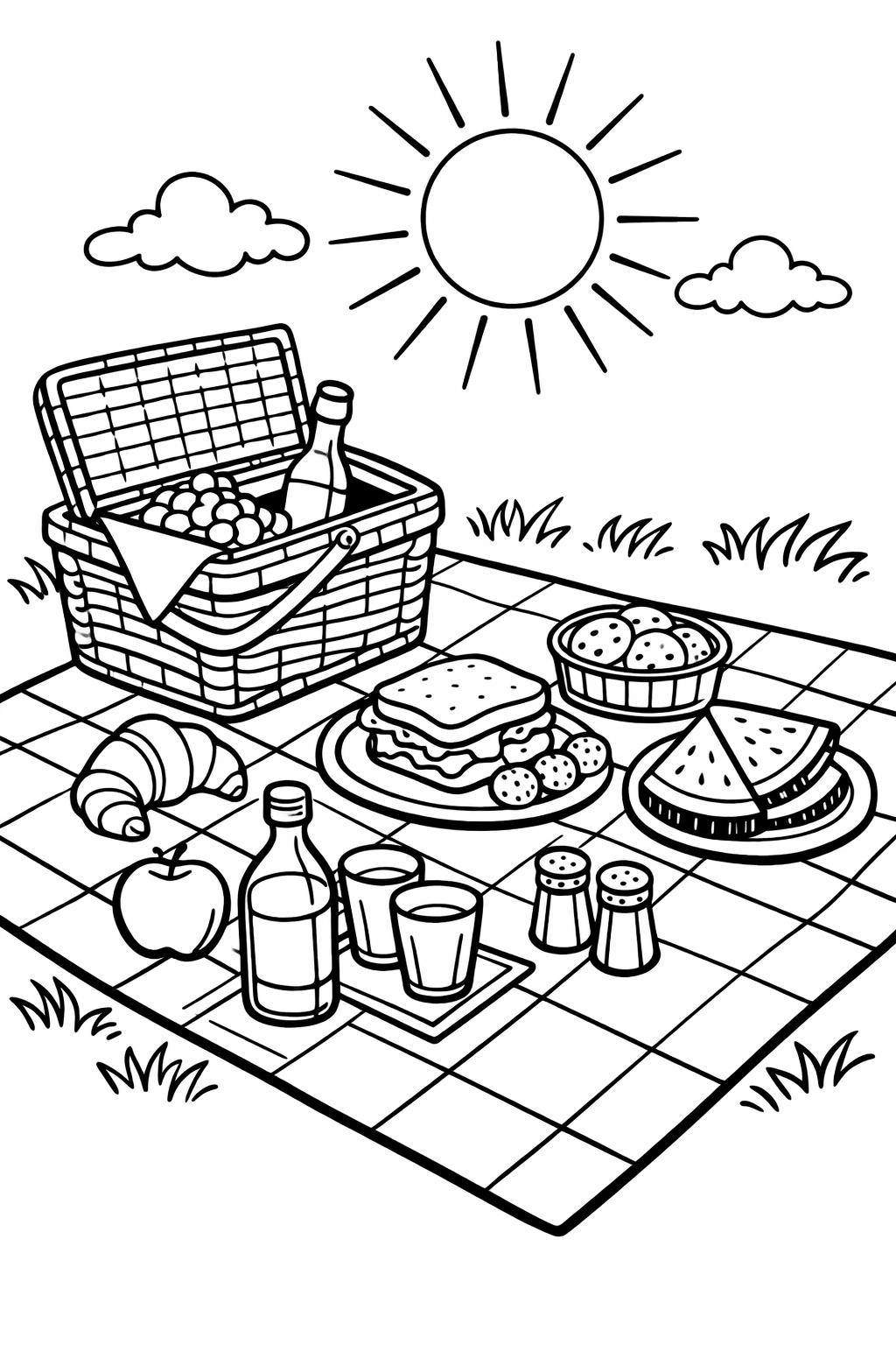 Sunny day coloring page with picnic scene | Fun outdoor coloring page | Kids summer activity sheet