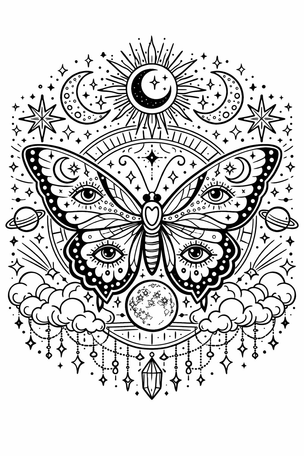 butterfly and flowers coloring page | floral wing illustration | relaxing nature design
