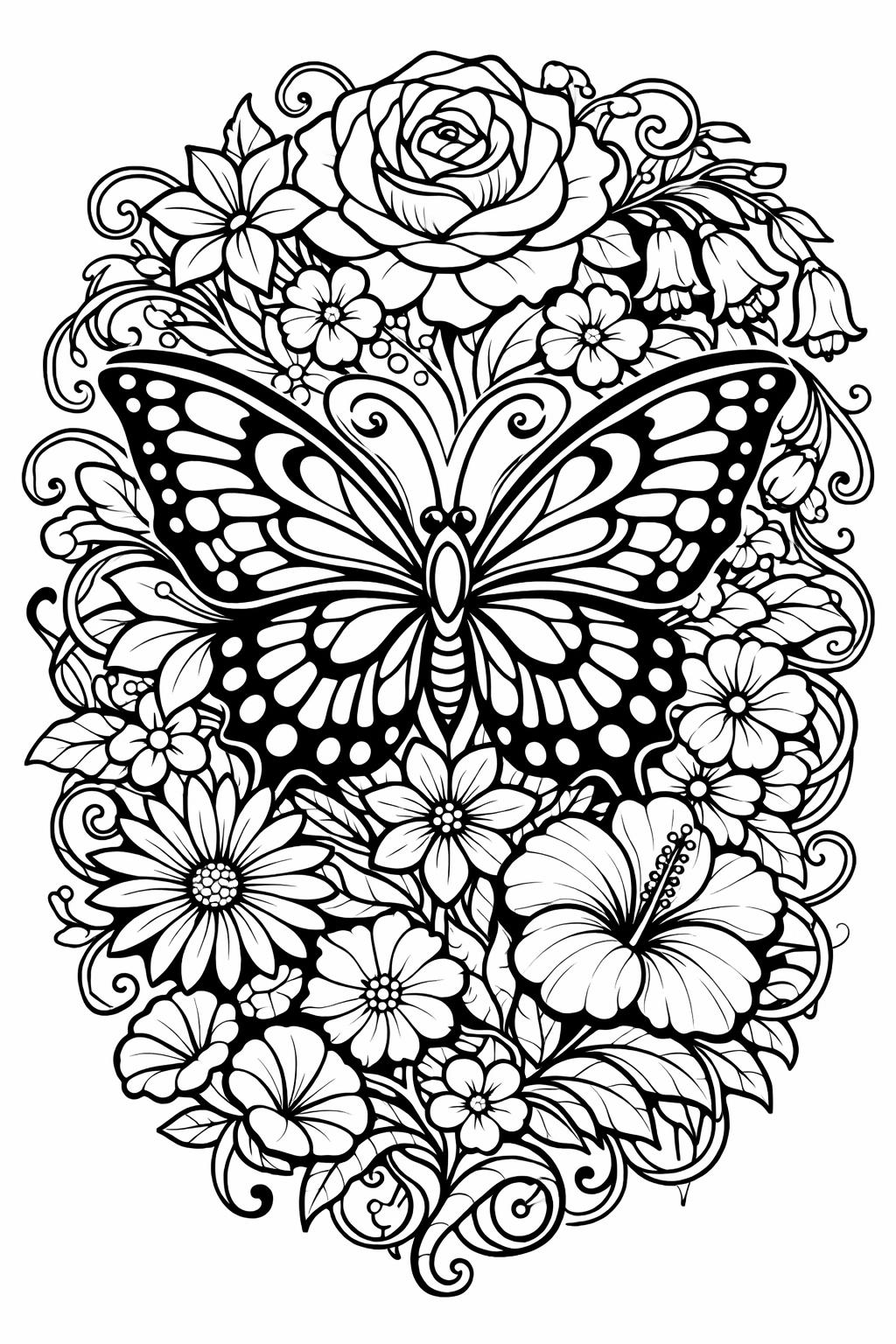 garden butterfly coloring page | butterfly in garden scene | peaceful nature artwork