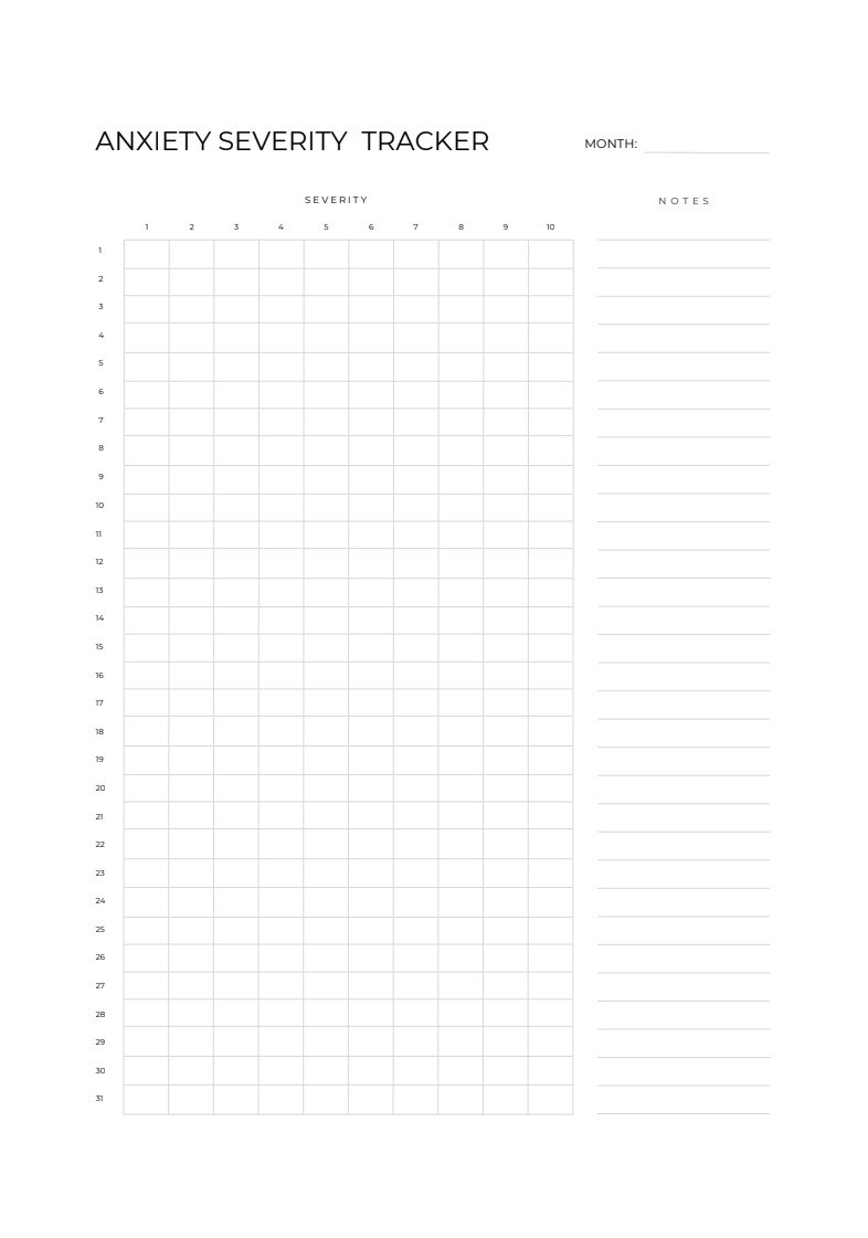 Anxiety severity tracker form: blank month field, a 31-row by 10-column grid for daily severity (1–10) and a right-side notes column with lined entries, titled 'Anxiety Severity Tracker'.