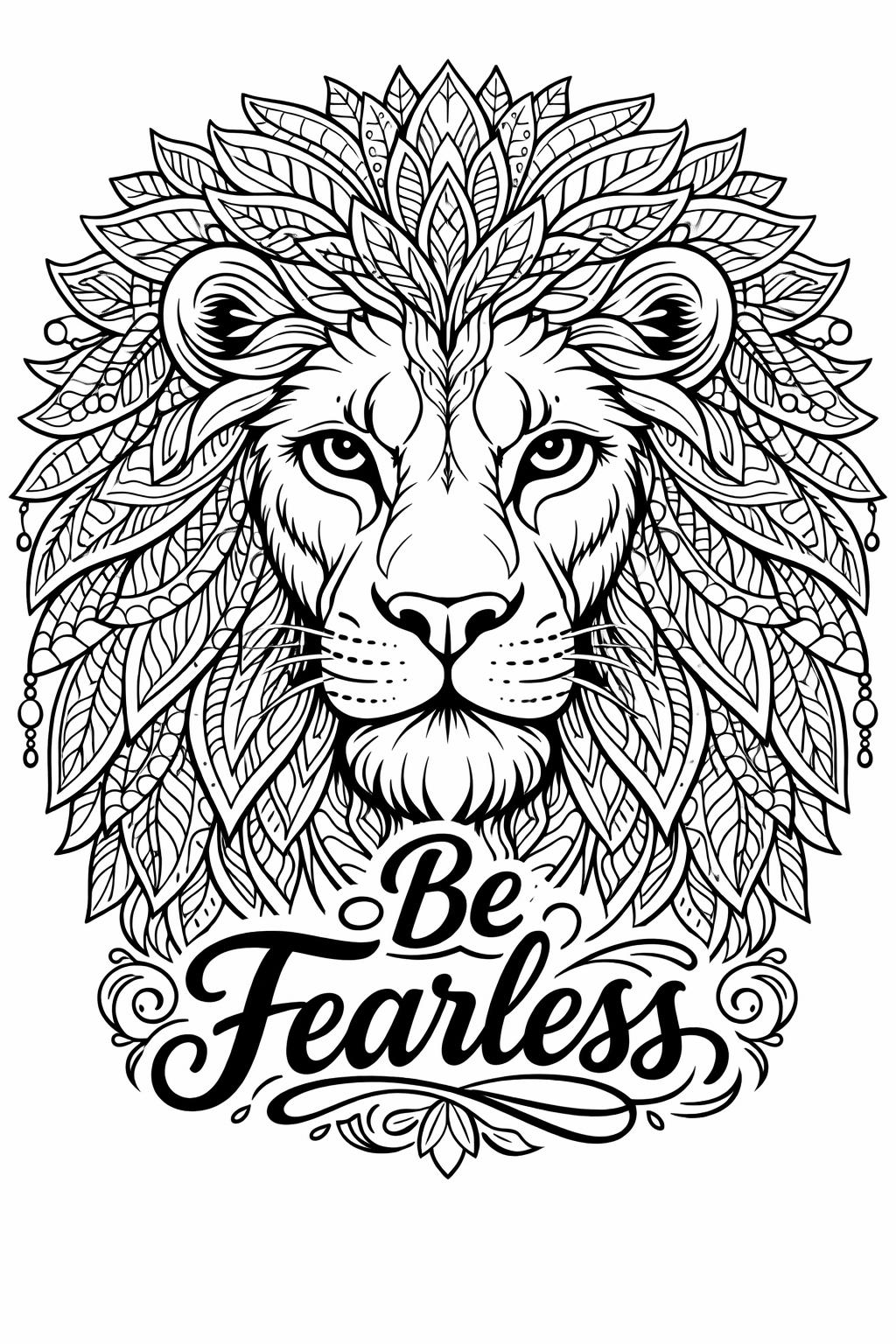 Detailed line-art of a lion's head with an ornate leafy mane, and the words 'Be Fearless' beneath.