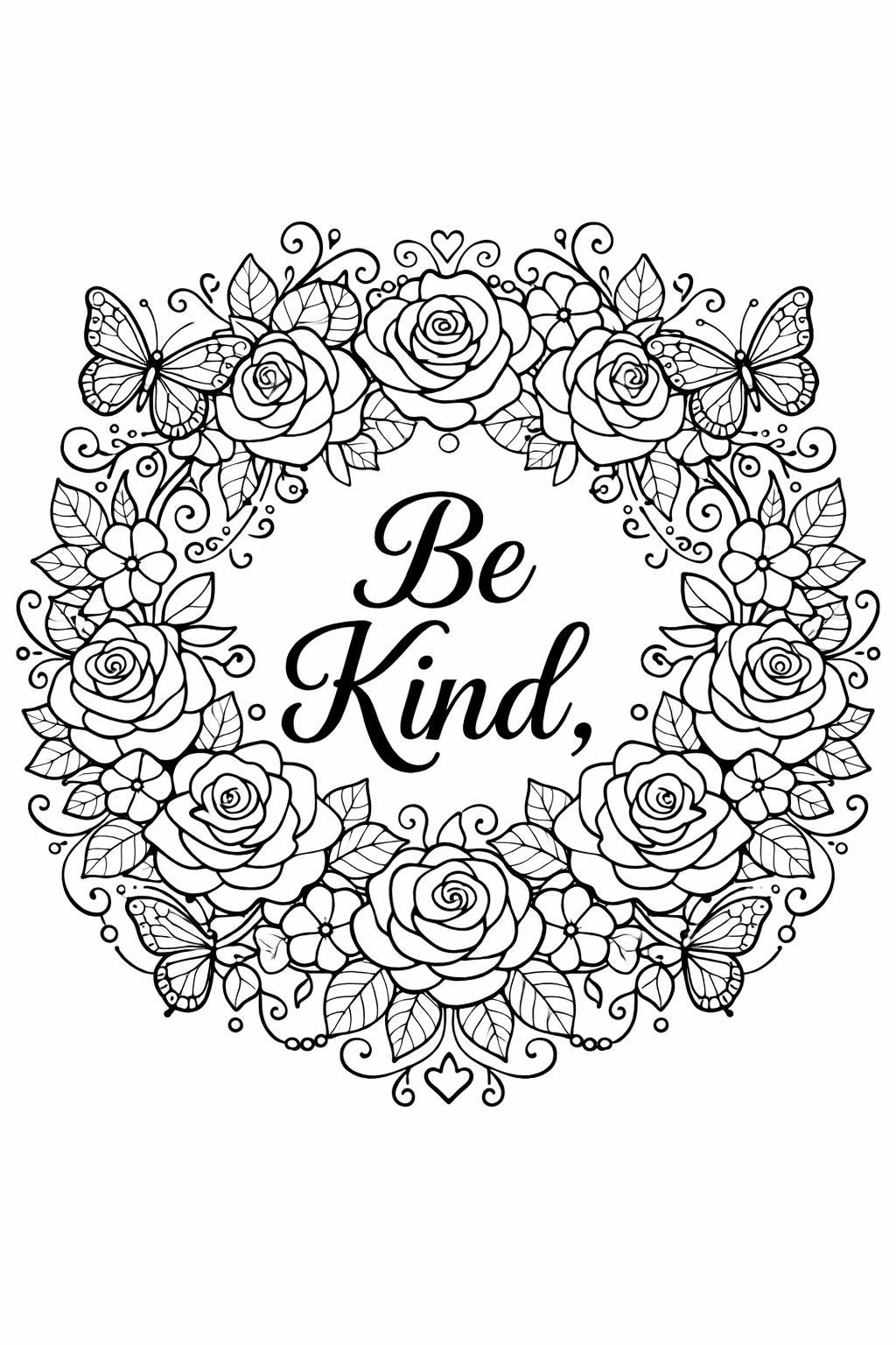 Circular floral border with roses and butterflies surrounding the script words 'Be Kind,' in black-and-white coloring-page style.