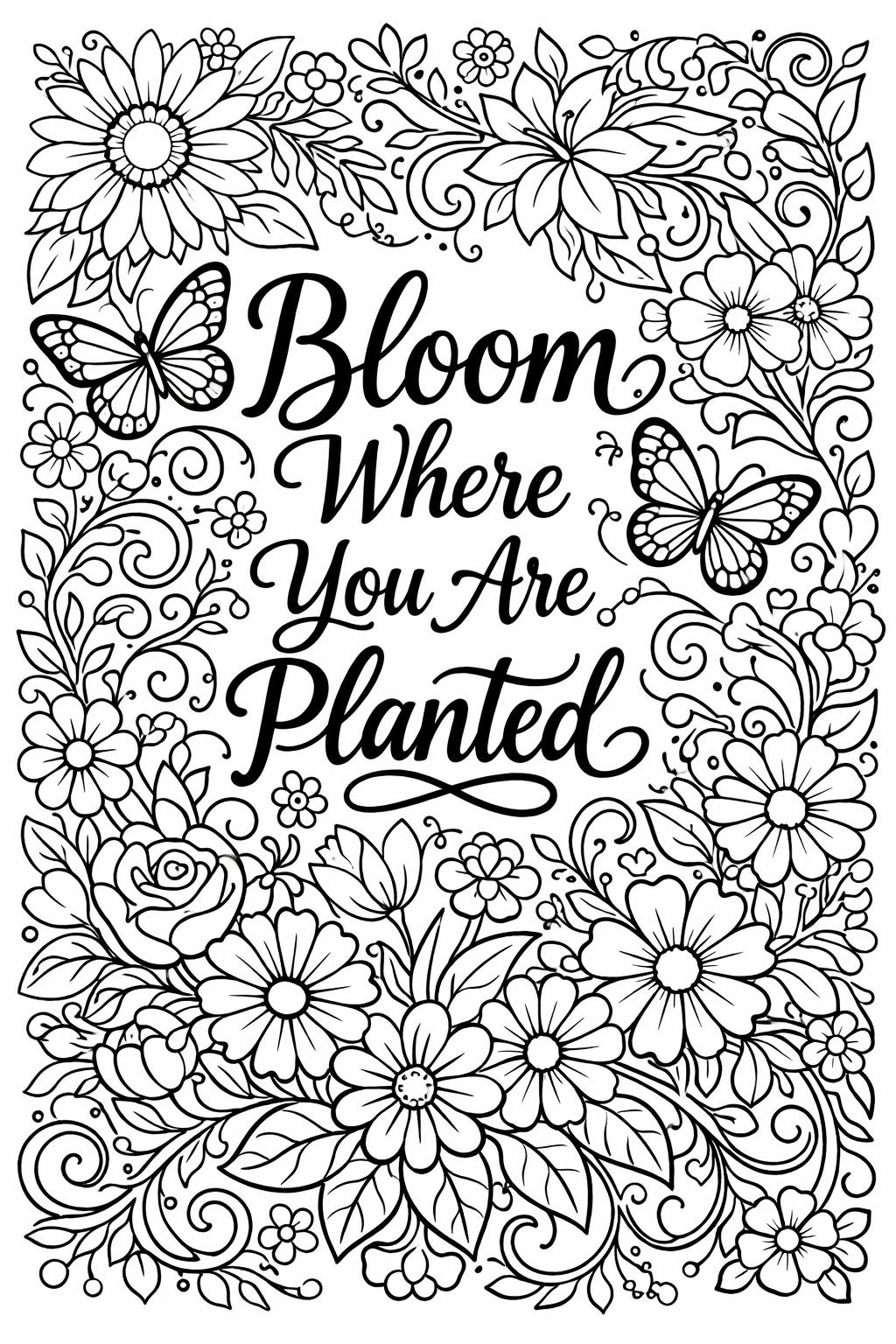 Decorative black-and-white floral frame surrounding the inspirational quote 'Bloom Where You Are Planted' in cursive.