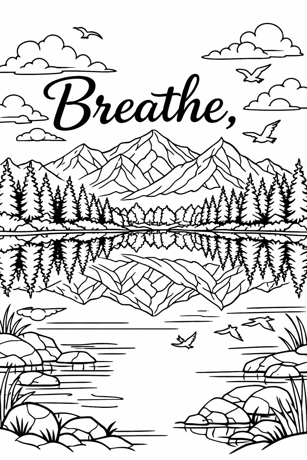 Calm nature scene with mountains, trees, and a lake; the word 'Breathe' is written above the mountains.
