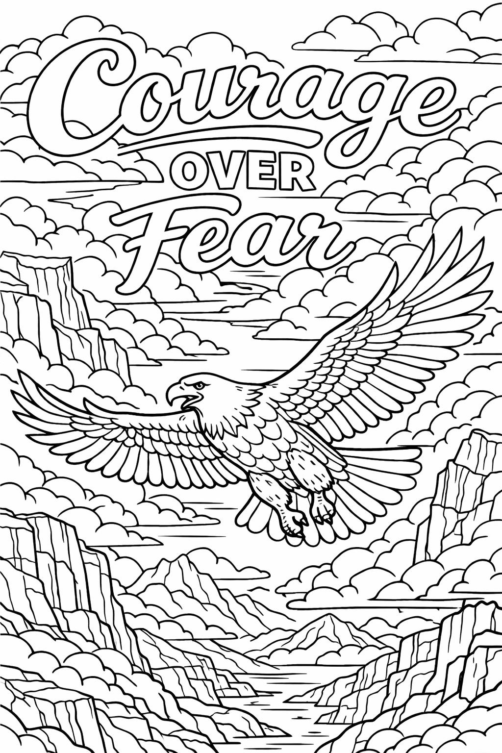 Soaring eagle over jagged cliffs and clouds with the phrase 'Courage Over Fear' in script text above.