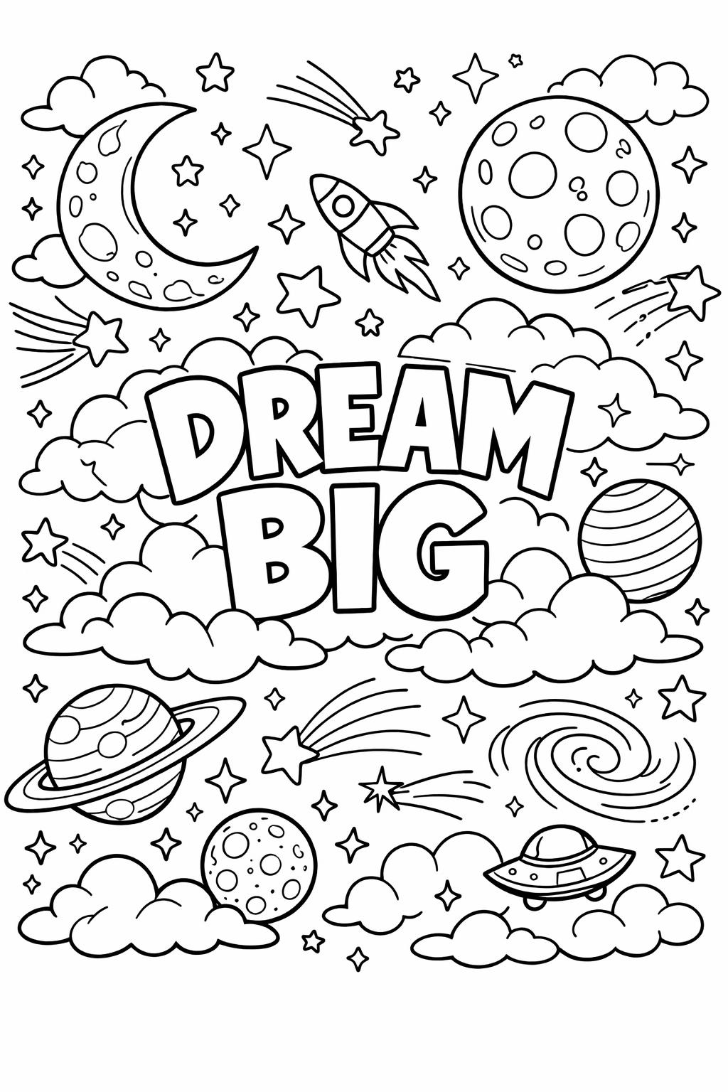 Coloring page featuring the words 'DREAM BIG' in bold letters among stars, planets, a rocket, a UFO, comets, and fluffy clouds.