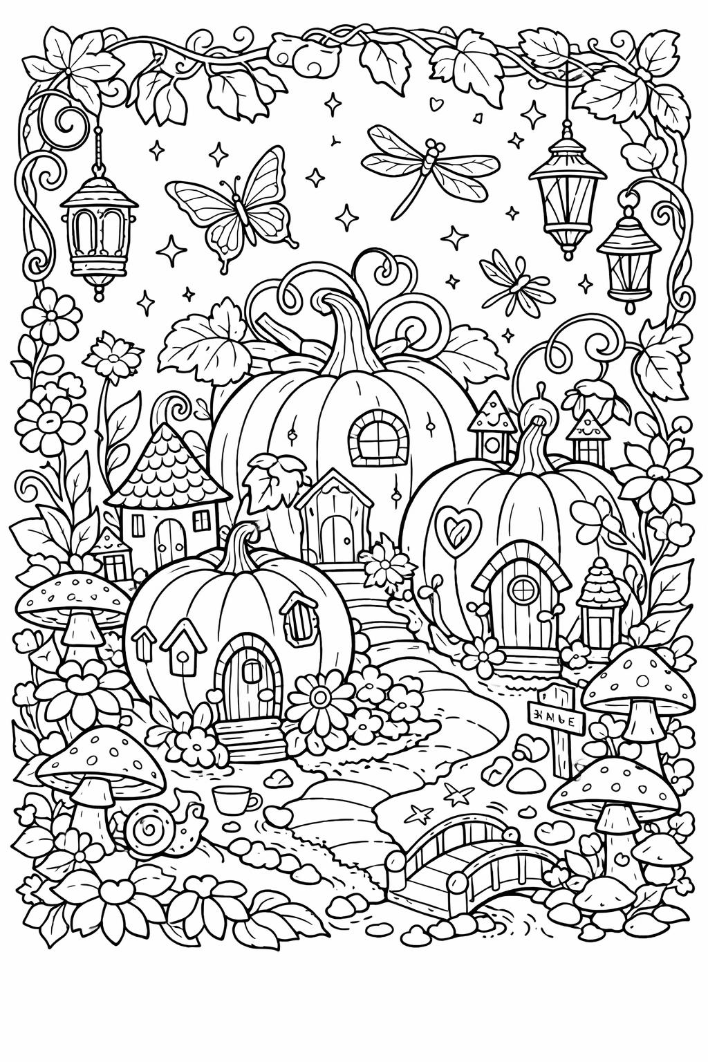 pumpkin with leaves coloring page | autumn nature illustration | printable coloring sheet