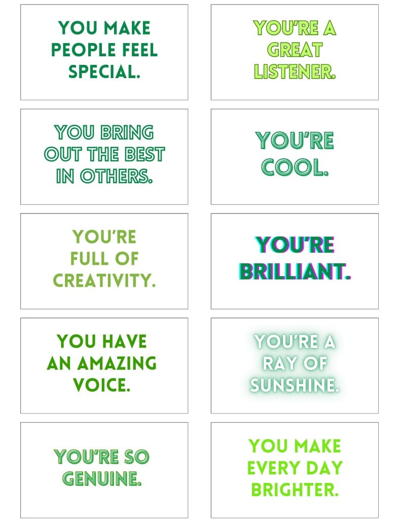 Grid of twelve white cards, each with a green compliment (e.g., 'You make people feel special', 'You’re a great listener', 'You’re brilliant', 'You’re a ray of sunshine').