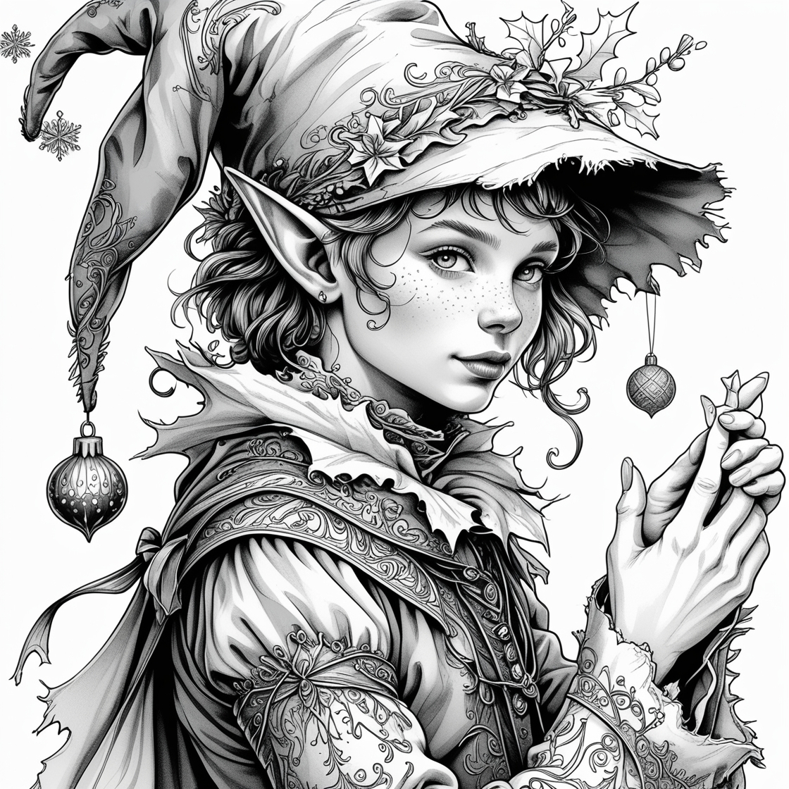 Mischievious ELf or Fairy seemingly casting a spell- adult winter coloring page printable