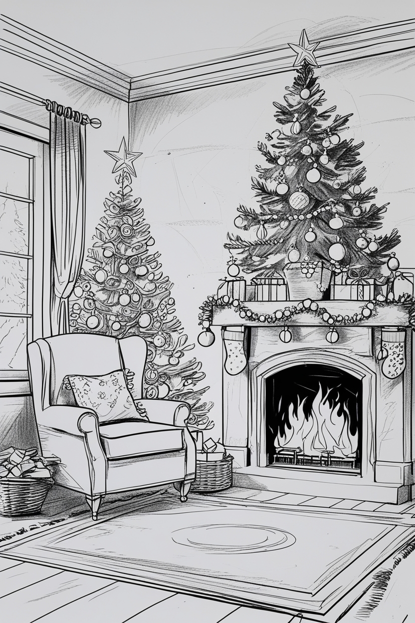 Festive Adult Coloring page celebrating the holidays like Christmas in a warm and friendly living room environment