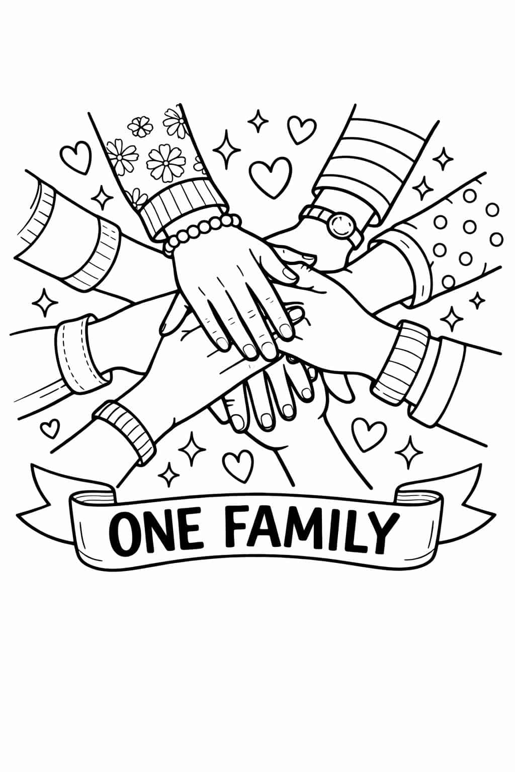 Diverse hands stacked in a circle over a banner that says “ONE FAMILY,” surrounded by hearts and sparkles to symbolize unity.