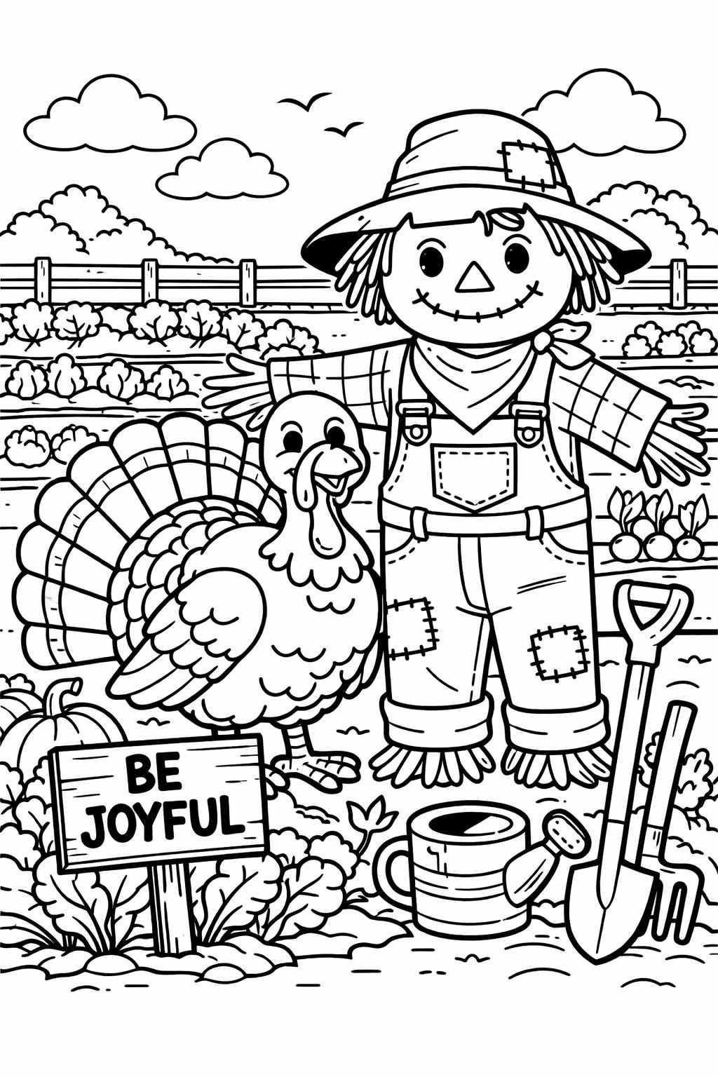 turkey and pumpkins coloring page | Thanksgiving printable | autumn holiday coloring activity