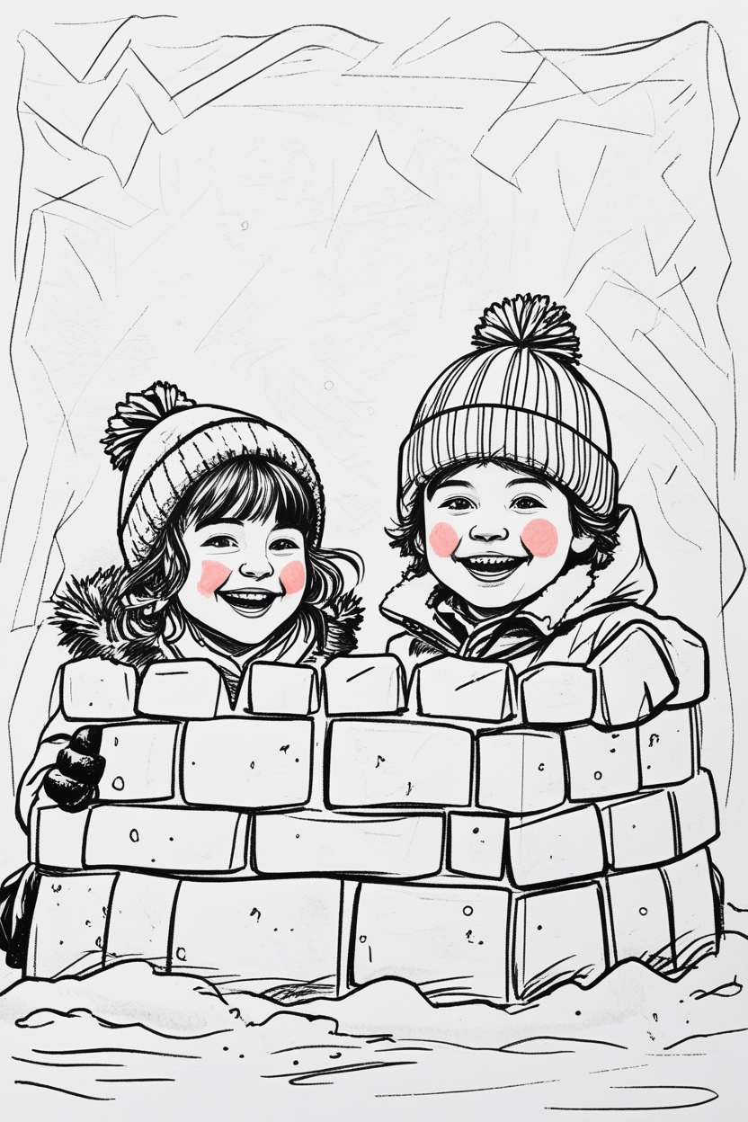 Kids building snowfort winter coloring page. Downloadable, Printable