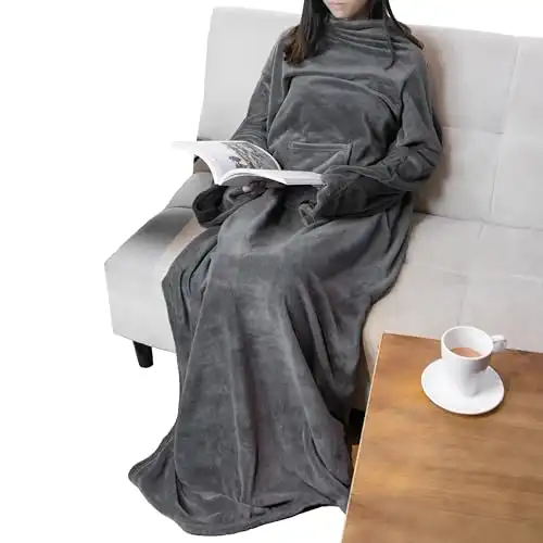 PAVILIA Fleece Robe Blanket with Sleeves and Pocket for Adults - Cozy Warm Full Body Wrap