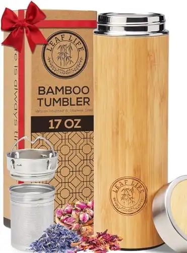 LeafLife Premium Bamboo Thermos with Tea Infusers for Loose Tea 17oz