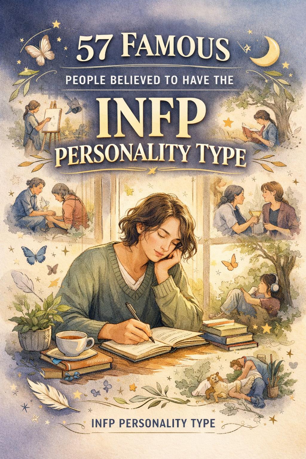 Poster titled '57 Famous INFP Personality Type' featuring a young writer at a desk surrounded by imaginative scenes and nature.