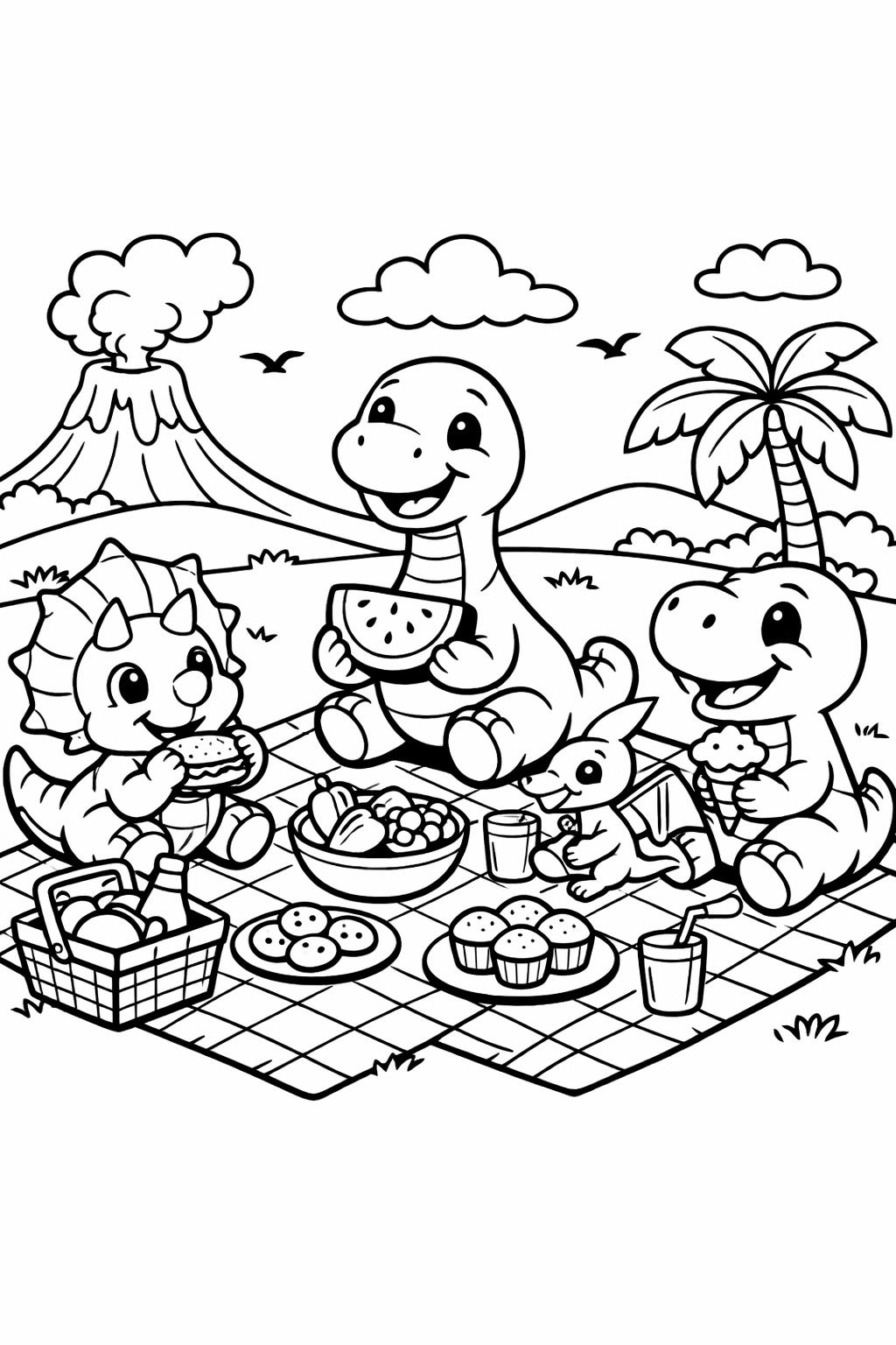 volcano dinosaur coloring page | erupting background scene | exciting coloring page