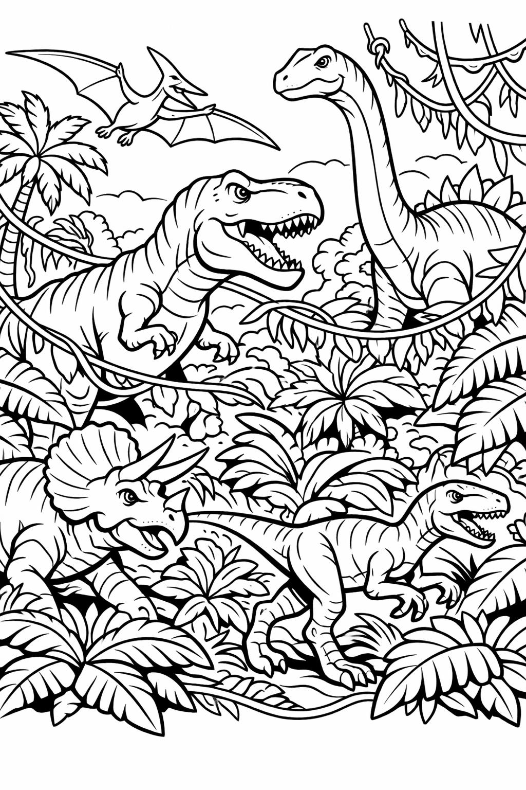roaring dinosaur coloring page | action dino illustration | exciting kids coloring page
