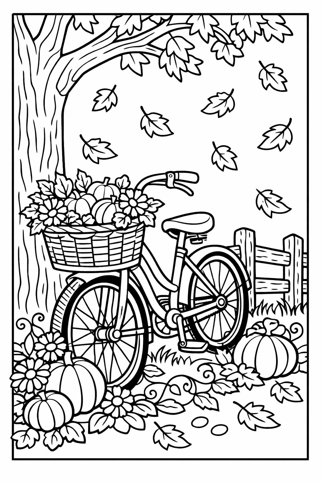 Bicycle with a basket of pumpkins and flowers beside a wooden fence, under an autumn tree with falling leaves.