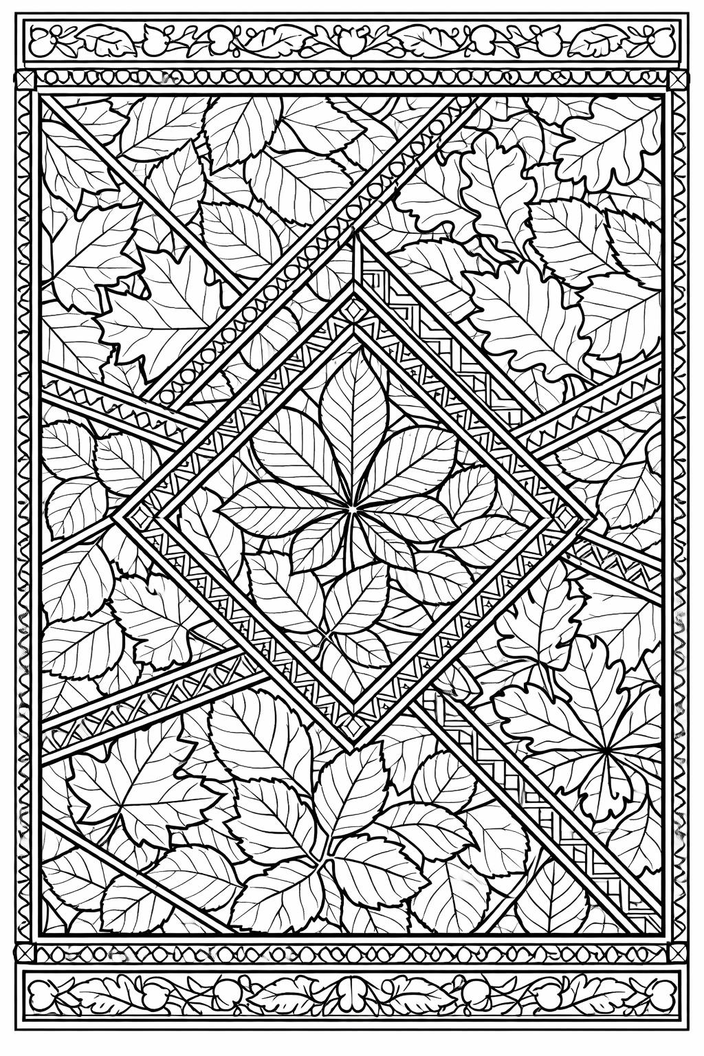 Decorative border and pattern featuring numerous overlapping leaves arranged in diamond-shaped frames within a quilt-like central design.
