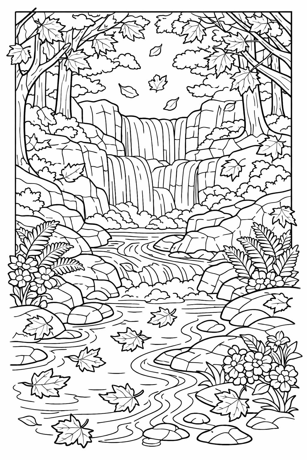 Forest waterfall cascading over rocks into a winding stream, surrounded by trees and falling leaves.