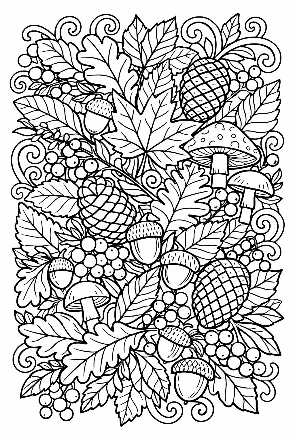 Intricate coloring-page illustration of autumn leaves, mushrooms, acorns, pinecones, and berry clusters intertwined with swirly vines.