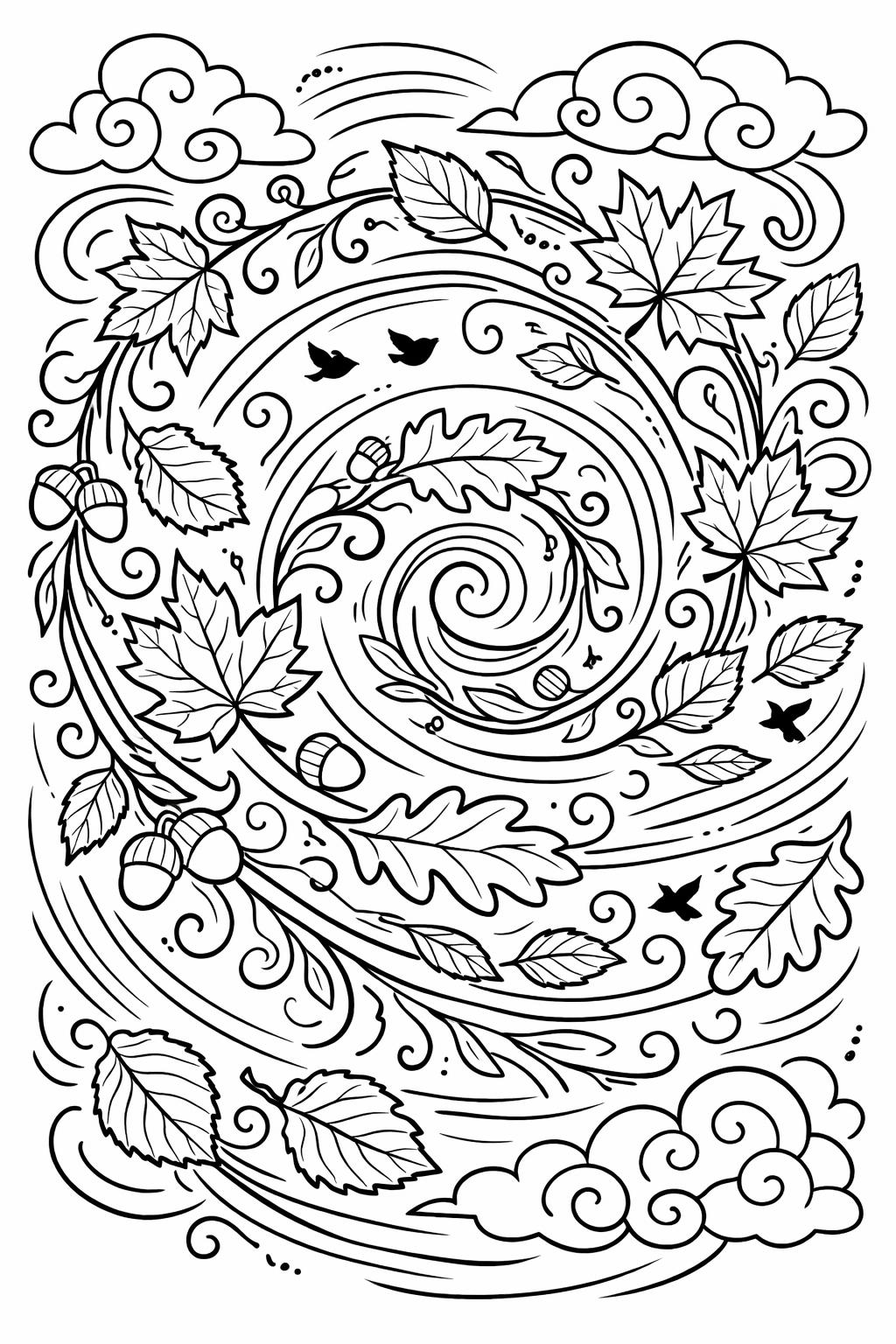 Intricate autumn-themed swirl with swirling lines, leaves, acorns, and birds in a decorative illustration for coloring.
