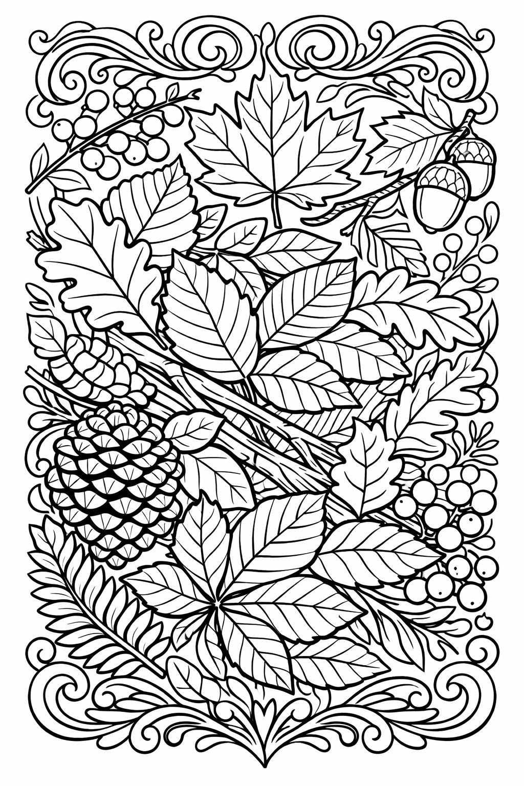 Intricate black-and-white botanical coloring page featuring diverse leaves, berries, and a pinecone with decorative borders.