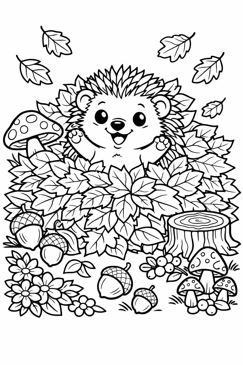 Smiling hedgehog peeking from a pile of autumn leaves with mushrooms, acorns, and flowers around it.