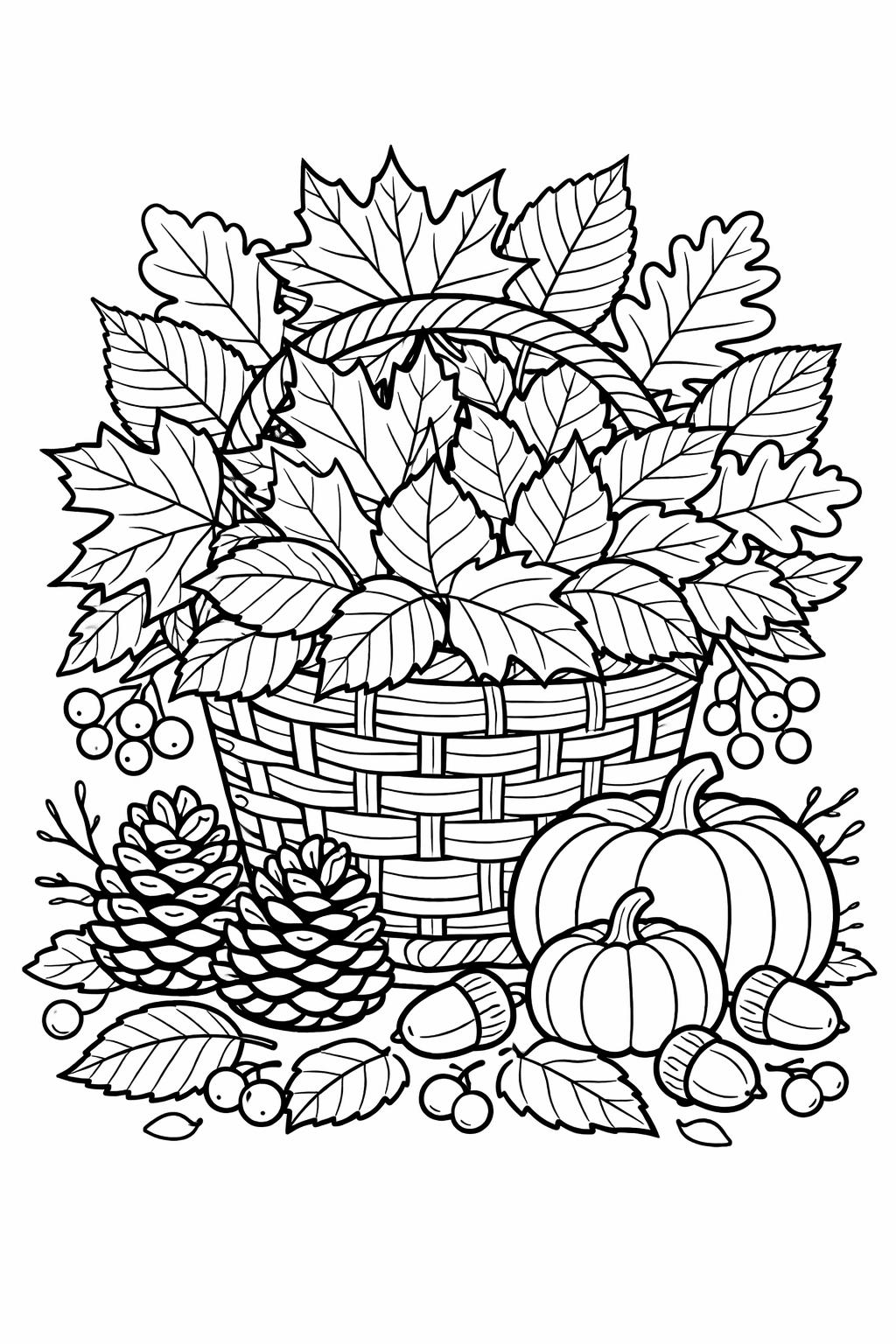 Basket overflowing with autumn leaves, pumpkins, pinecones, and berries.