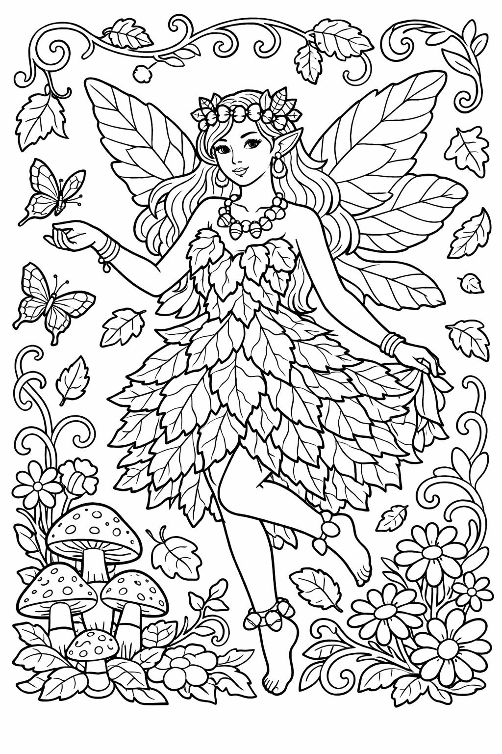 A smiling leafy fairy with a flower crown dances among mushrooms and flowers in a whimsical forest scene.