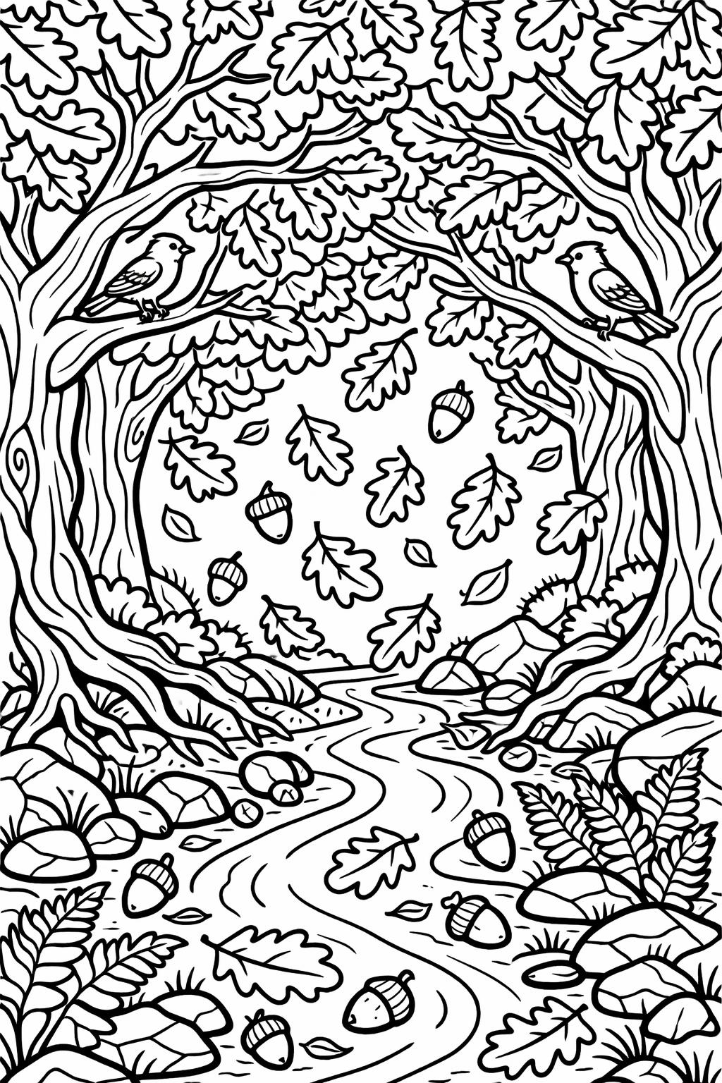 Two small birds perched on tree branches over a winding forest stream with falling leaves and scattered acorns to color in