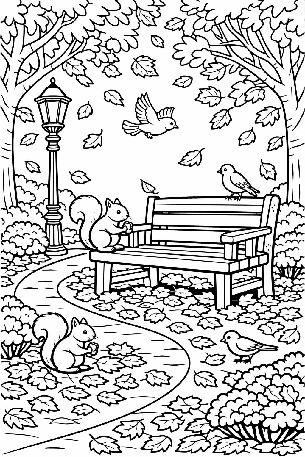 Park scene coloring page with bench, squirrel, birds, lamppost, and falling leaves on a winding path.