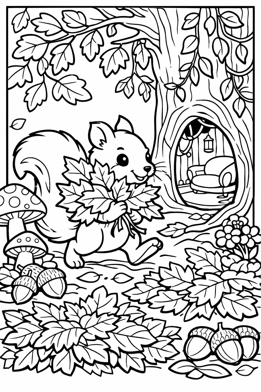 Squirrel holding a bouquet of leaves beside a round hollow tree with a cozy chair inside, surrounded by mushrooms and foliage.
