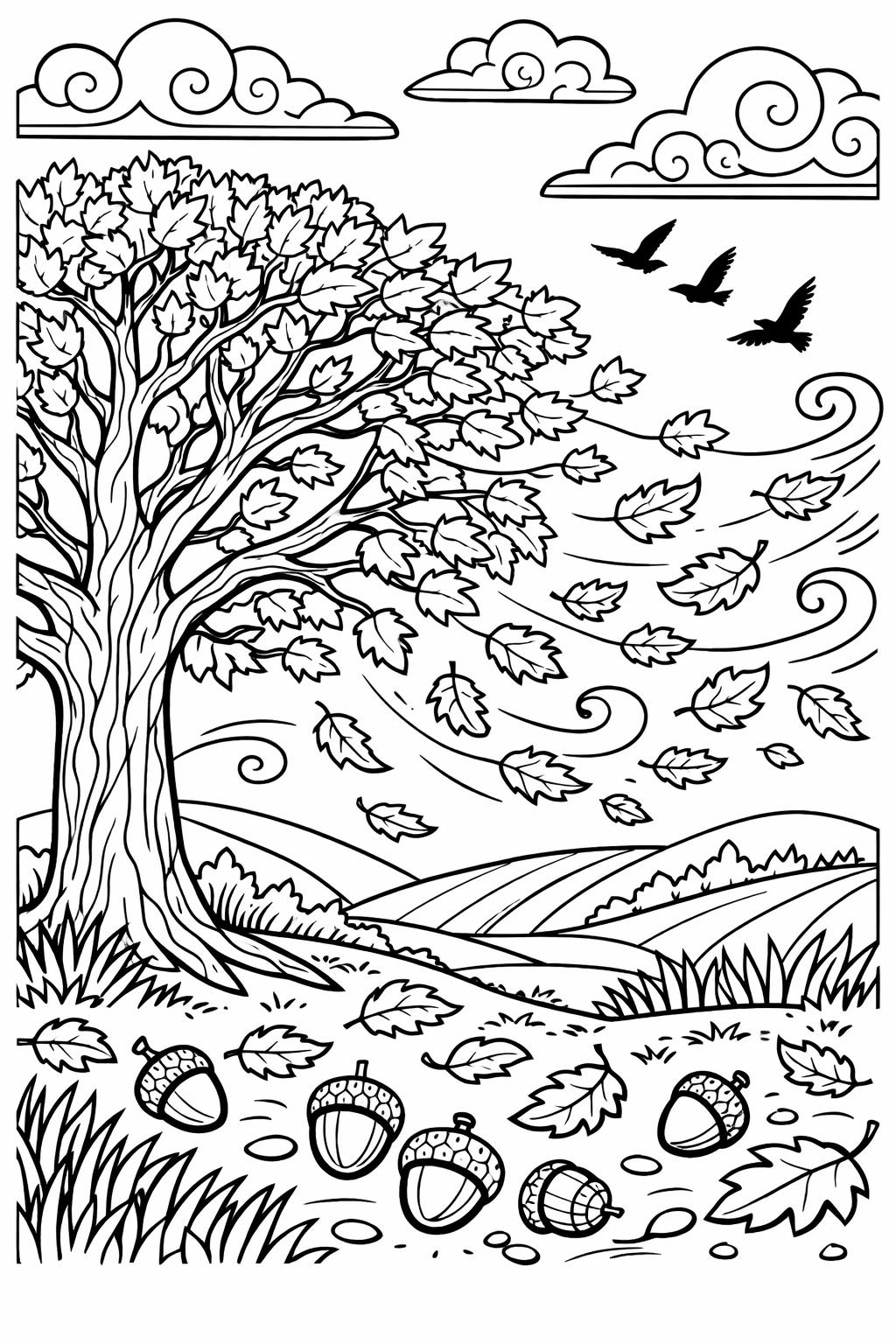 Windy autumn scene with a large tree shedding leaves across rolling fields under swirly clouds and birds above.