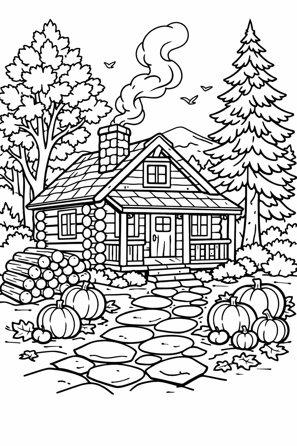 falling leaves coloring page | breezy autumn scene | relaxing seasonal artwork