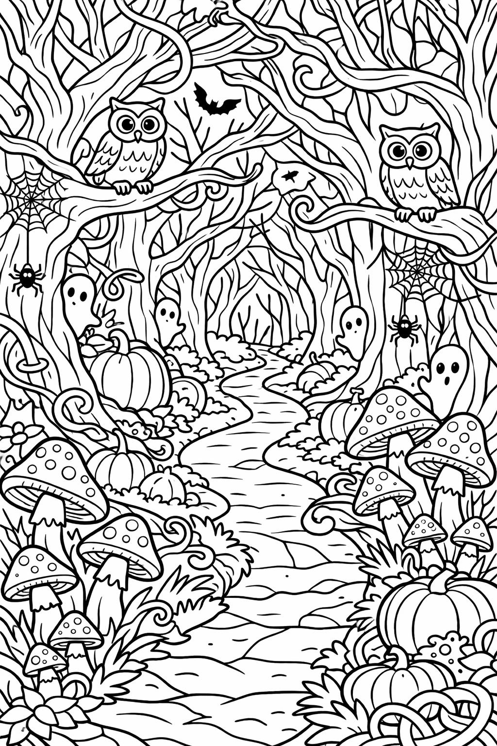 haunted forest coloring page | creepy woodland scene | intricate coloring sheet
