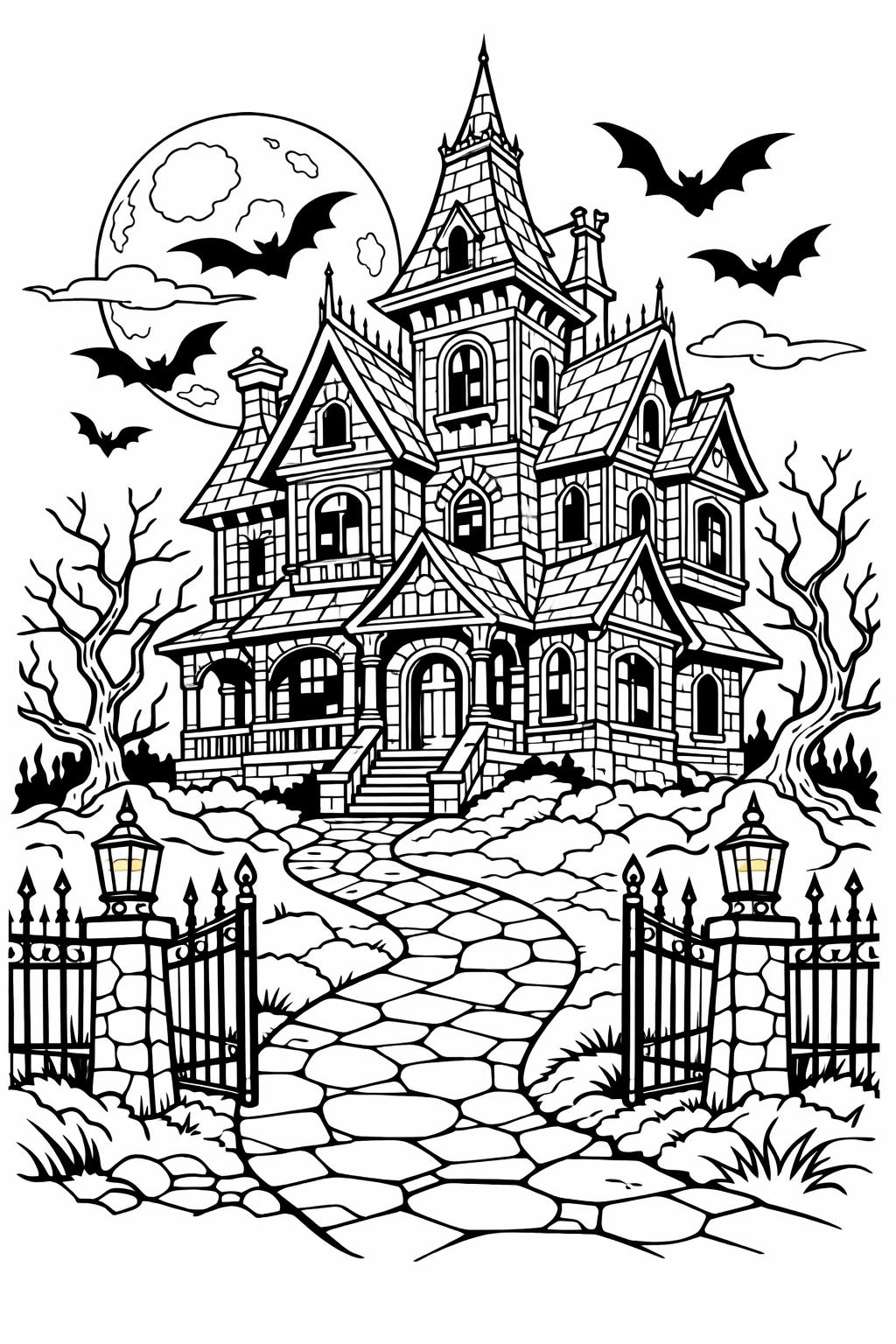 haunted house coloring page | detailed Halloween scene | adult coloring page