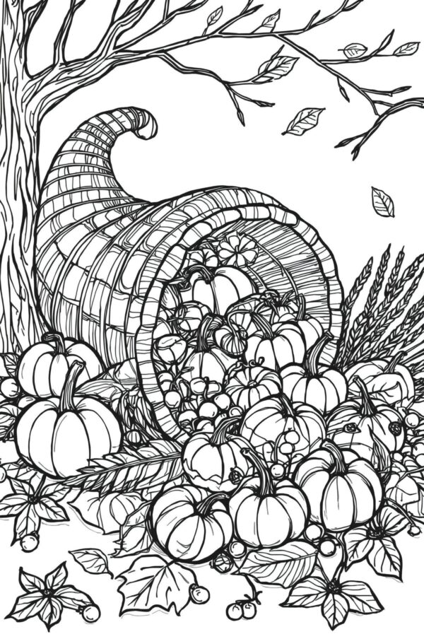 cornucopia coloring | fall harvest art | autumn coloring pages | AI-generated cornucopia | harvest line art | fall coloring book | intricate harvest designs | autumn art | coloring page prompts | seasonal coloring