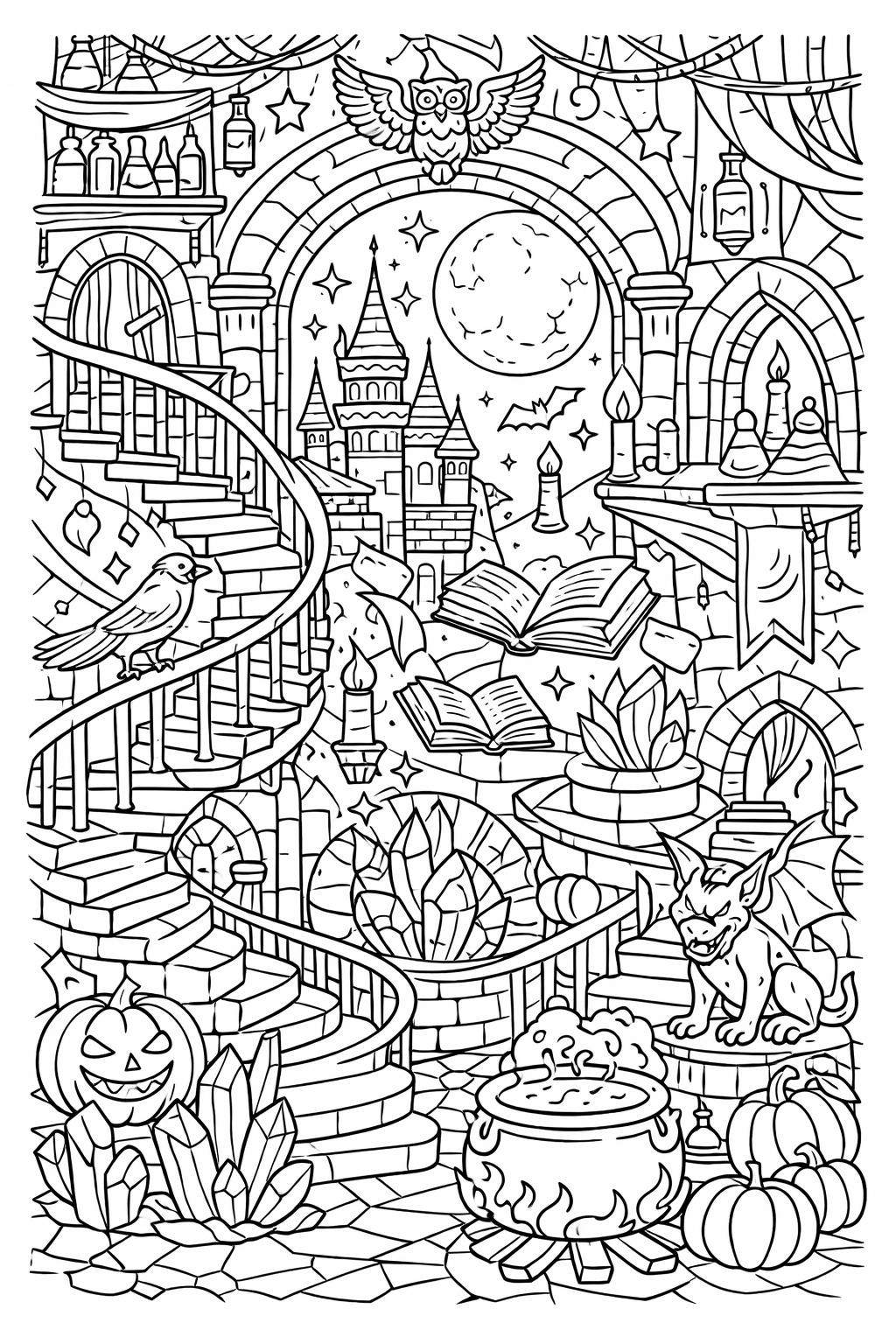 enchanted spell book coloring page | magical witch theme | fantasy coloring sheet