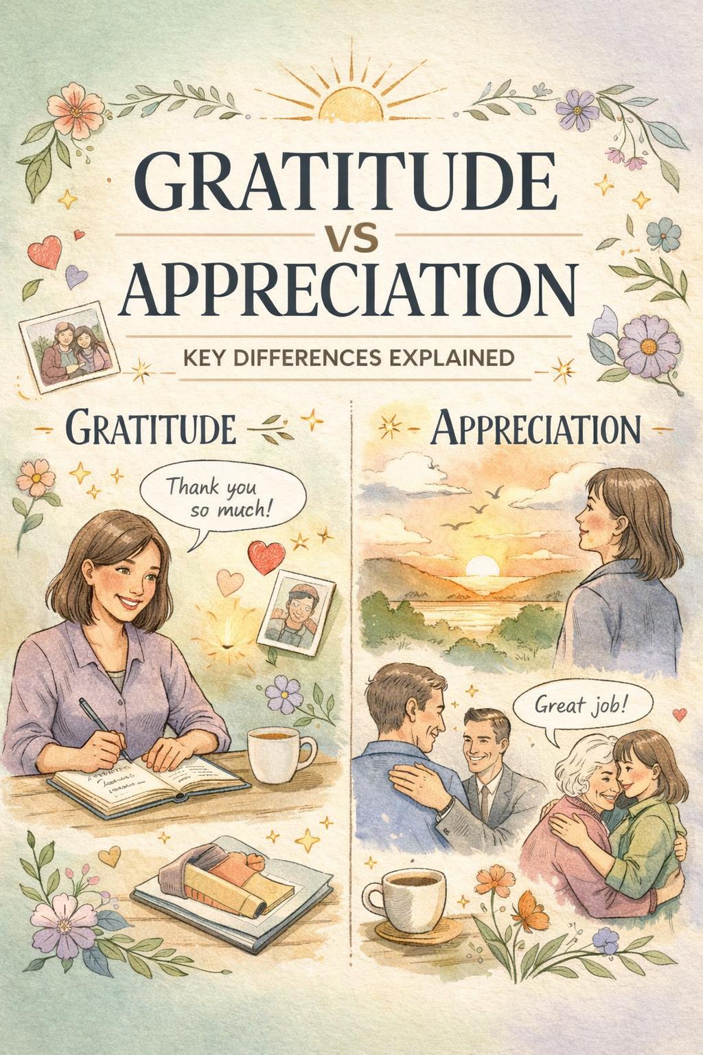 Discover the 5 key differences between gratitude vs appreciation! Learn how these distinct emotions differ in expression, focus, and impact on well-being.Gratitude VS Appreciation | Positive Psychology | Mindfulness Practice | Personal Growth | Mental Health | Thankfulness | Positive Emotions | Self Improvement | Happiness Research | Daily Gratitude | Gratitude Practice | Attitude of Gratitude | Appreciation Facts