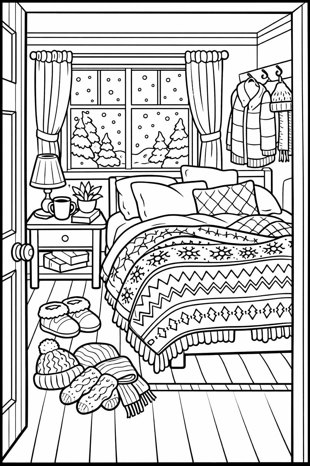 winter village street coloring page | snowy town scene | creative coloring sheet