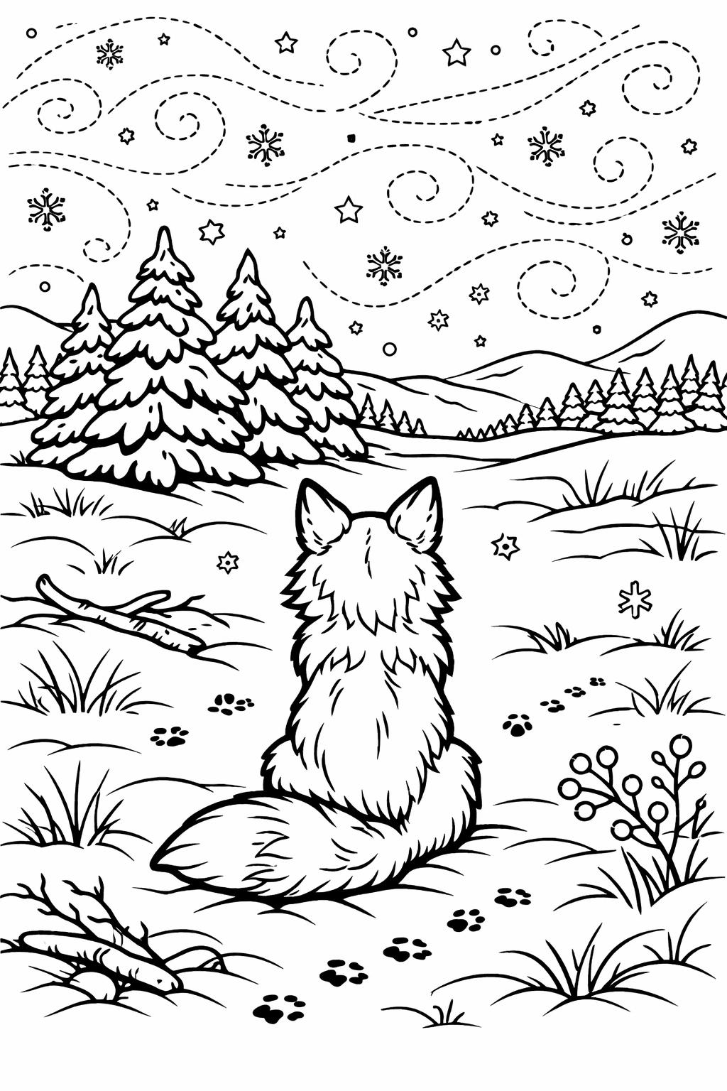 winter forest coloring page | snowy woodland scene | relaxing coloring sheet
