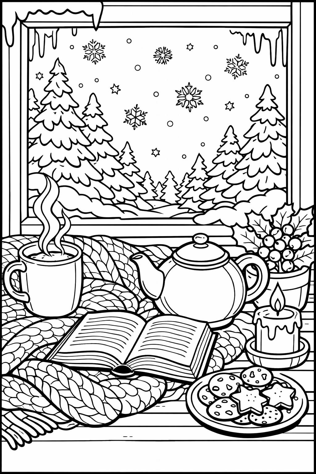 snowy cabin coloring page | cozy winter scene | adults and kids coloring sheet
