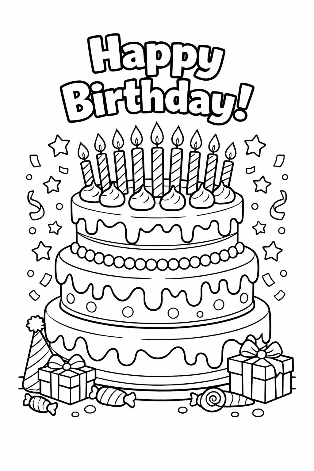 birthday cake coloring page | candles and frosting design | sweet party art